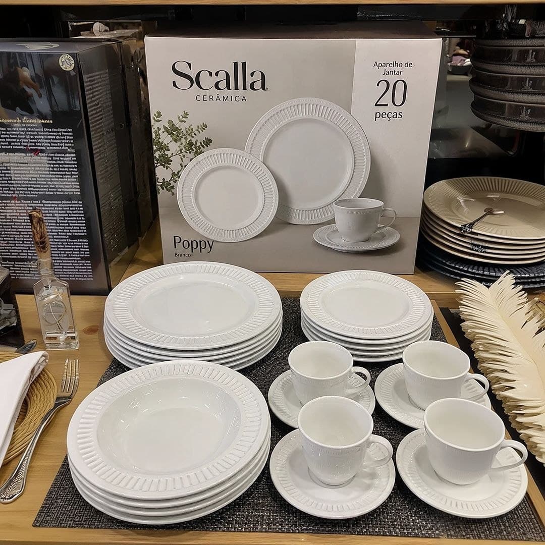 Aparelho de Jantar 20 Peças Branco Poppy de Cerâmica Scalla